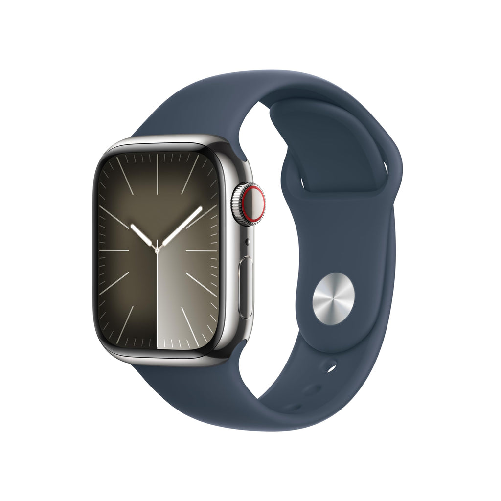 Apple Watch Series 9 (GPS + Cellular) 41mm Silver Stainless Steel Case w/ Storm Blue Sport Band - S/M - MRJ23LL/A